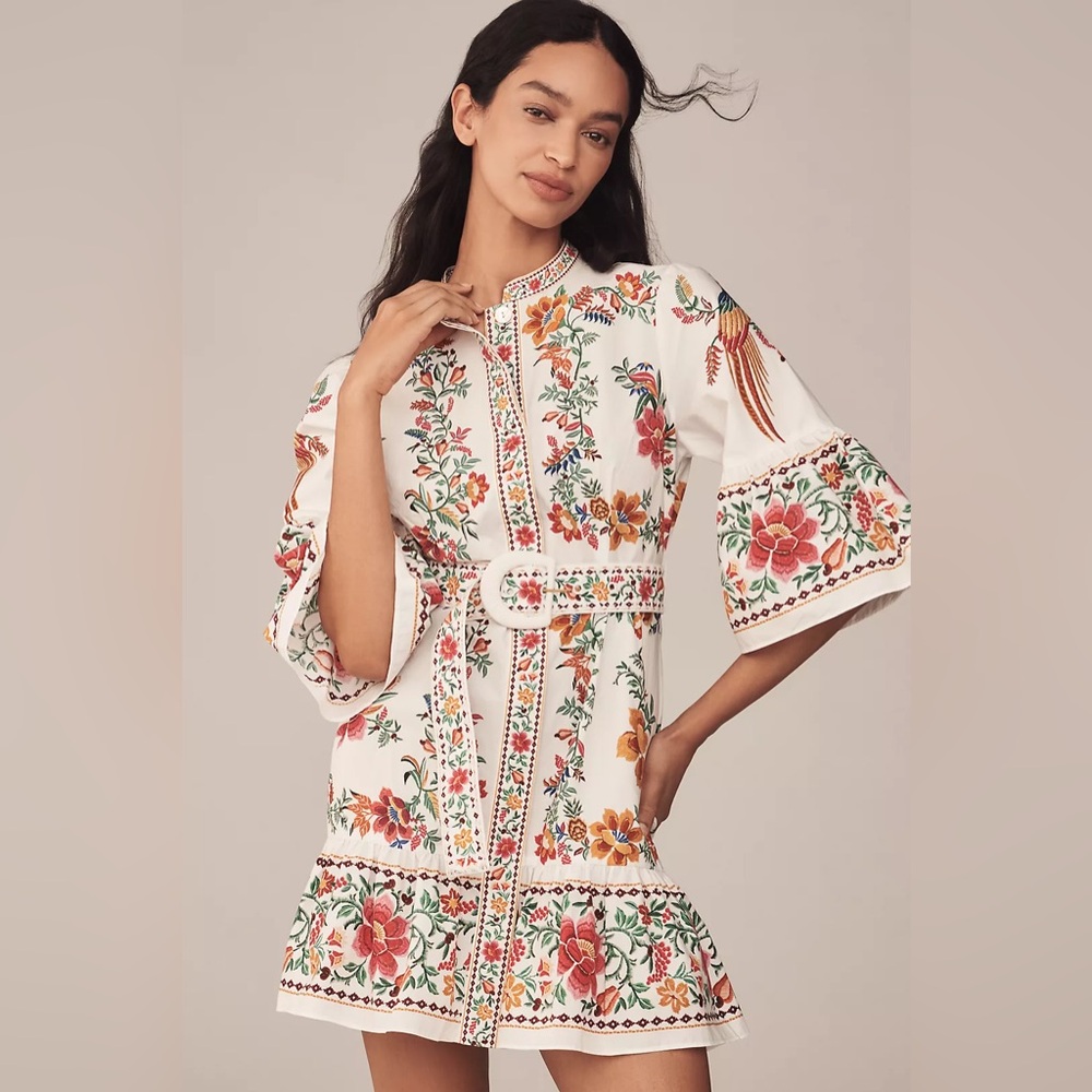 FARM Rio White Floral Embroidered Mini Dress with Red, Orange, Green Accents